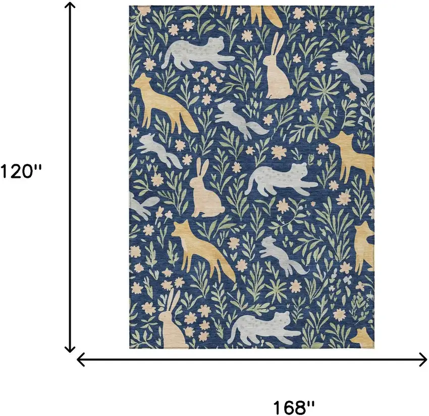 Navy Blue And Gold Botanical Leaves Washable Indoor Outdoor Area Rug Photo 6