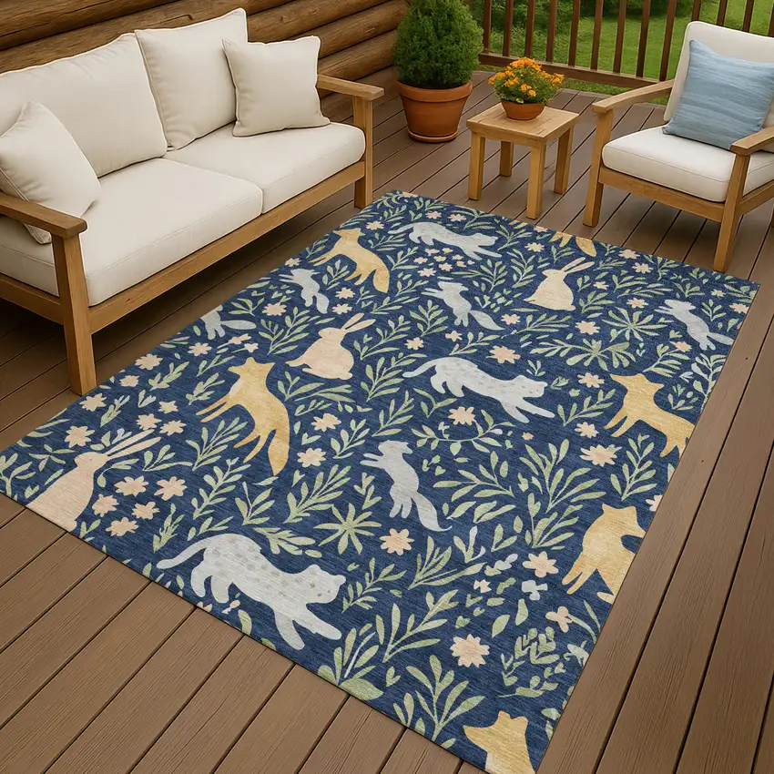 Navy Blue And Gold Botanical Leaves Washable Indoor Outdoor Area Rug Photo 7