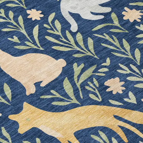 Navy Blue And Gold Botanical Leaves Washable Indoor Outdoor Area Rug Photo 9