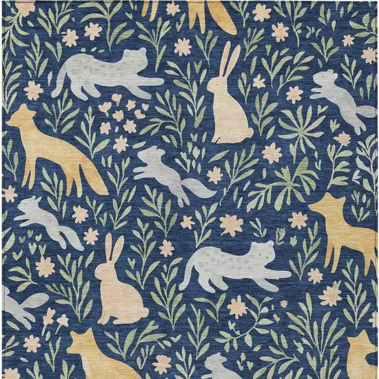 Navy Blue And Gold Botanical Leaves Washable Indoor Outdoor Area Rug Photo 3