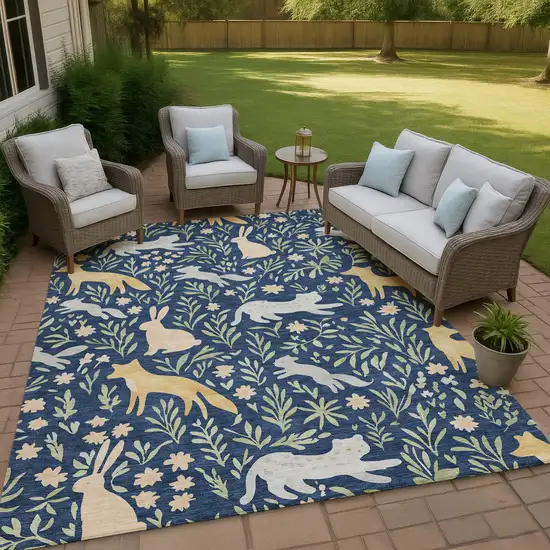 Navy Blue And Gold Botanical Leaves Washable Indoor Outdoor Area Rug Photo 4