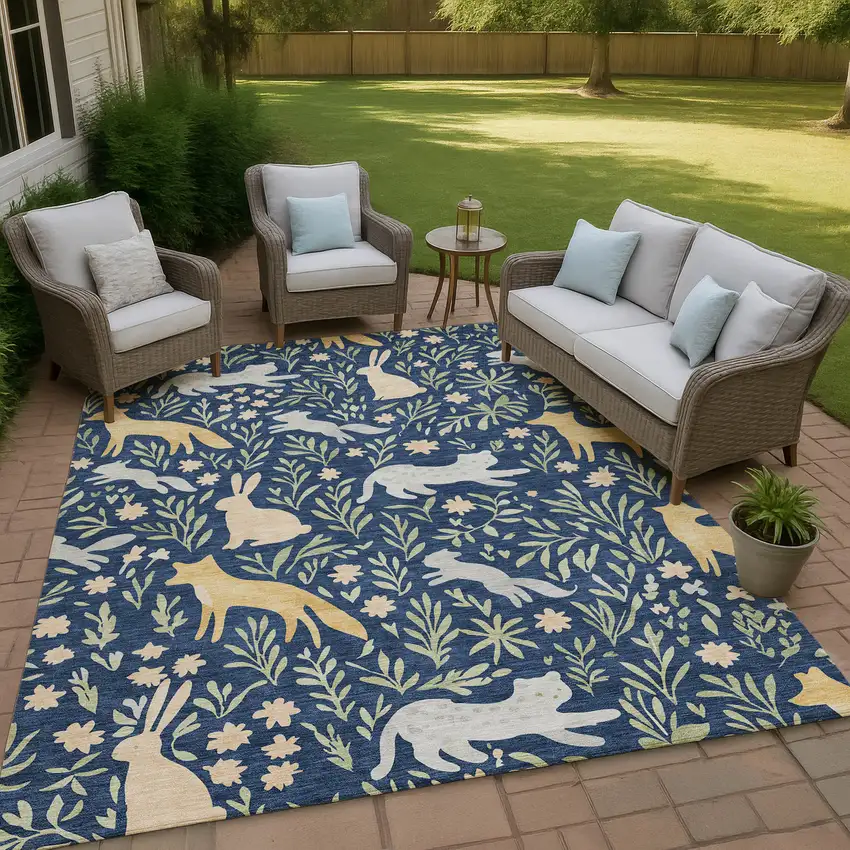 Navy Blue And Gold Botanical Leaves Washable Indoor Outdoor Area Rug Photo 4