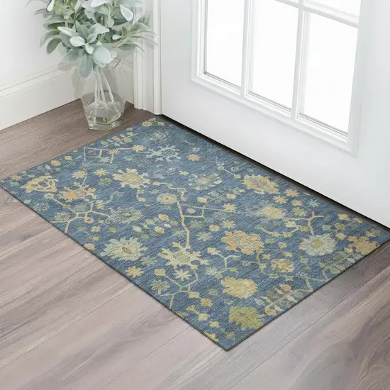 Navy Blue And Gold Floral Washable Area Rug With UV Protection Photo 2