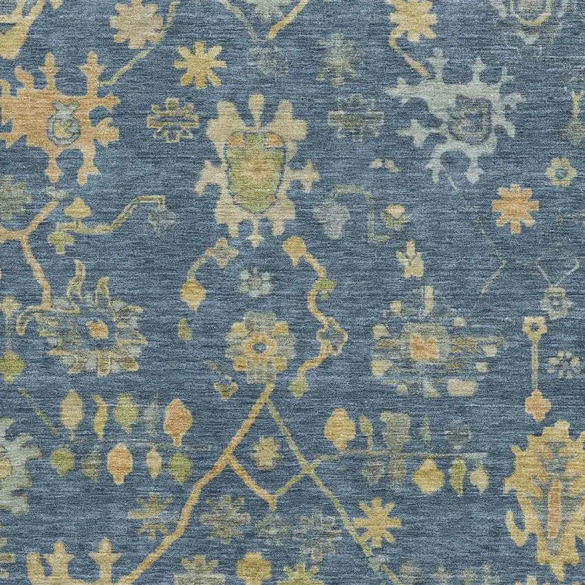 Navy Blue And Gold Floral Washable Area Rug With UV Protection Photo 3