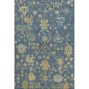 Photo of Navy Blue And Gold Floral Washable Area Rug With UV Protection