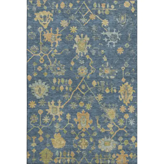 Navy Blue And Gold Floral Washable Area Rug With UV Protection Photo 1