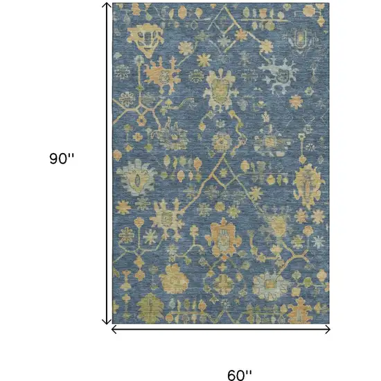Navy Blue And Gold Floral Washable Area Rug With UV Protection Photo 9