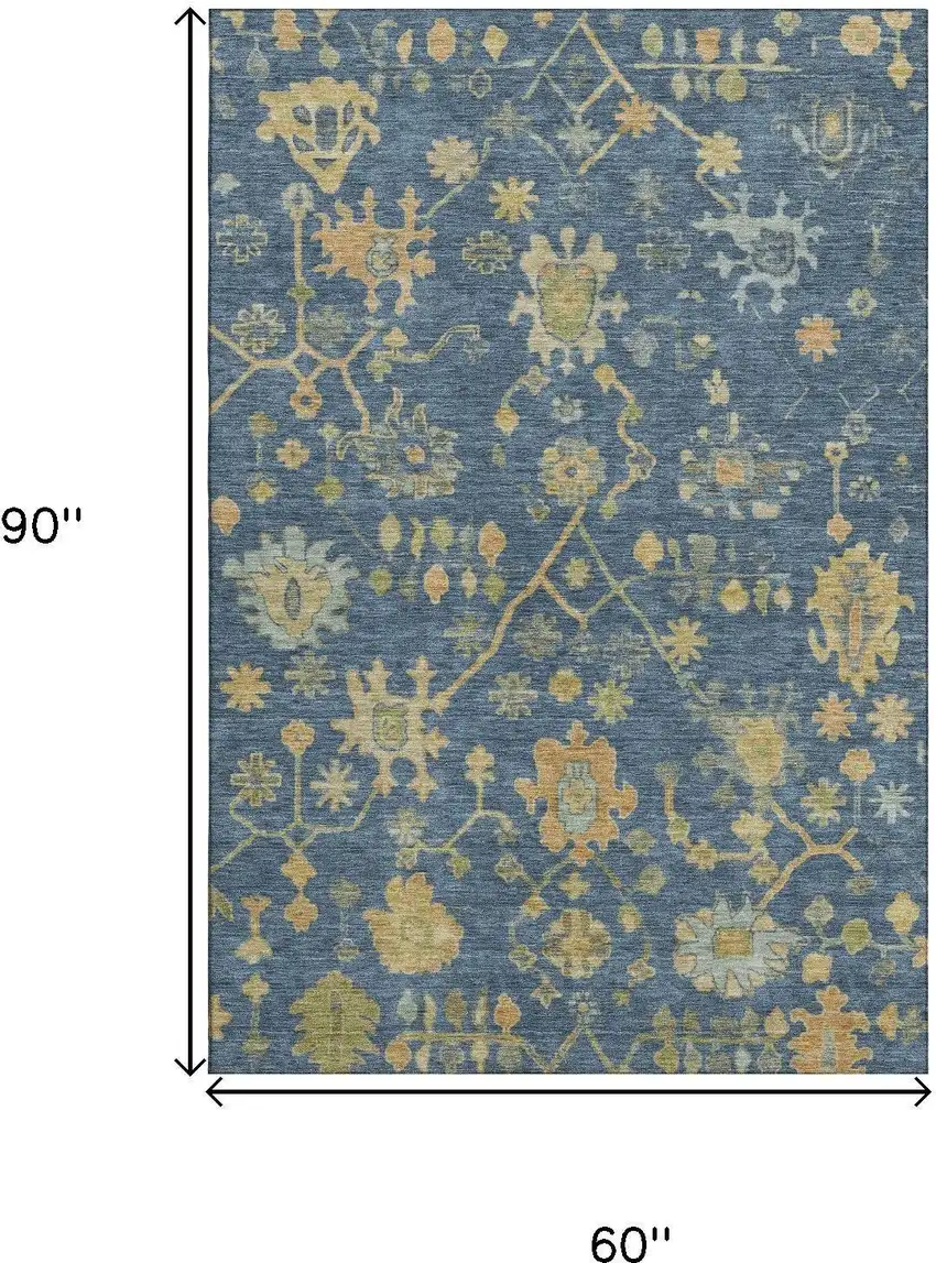 Navy Blue And Gold Floral Washable Area Rug With UV Protection Photo 9