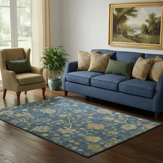 Navy Blue And Gold Floral Washable Area Rug With UV Protection Photo 2