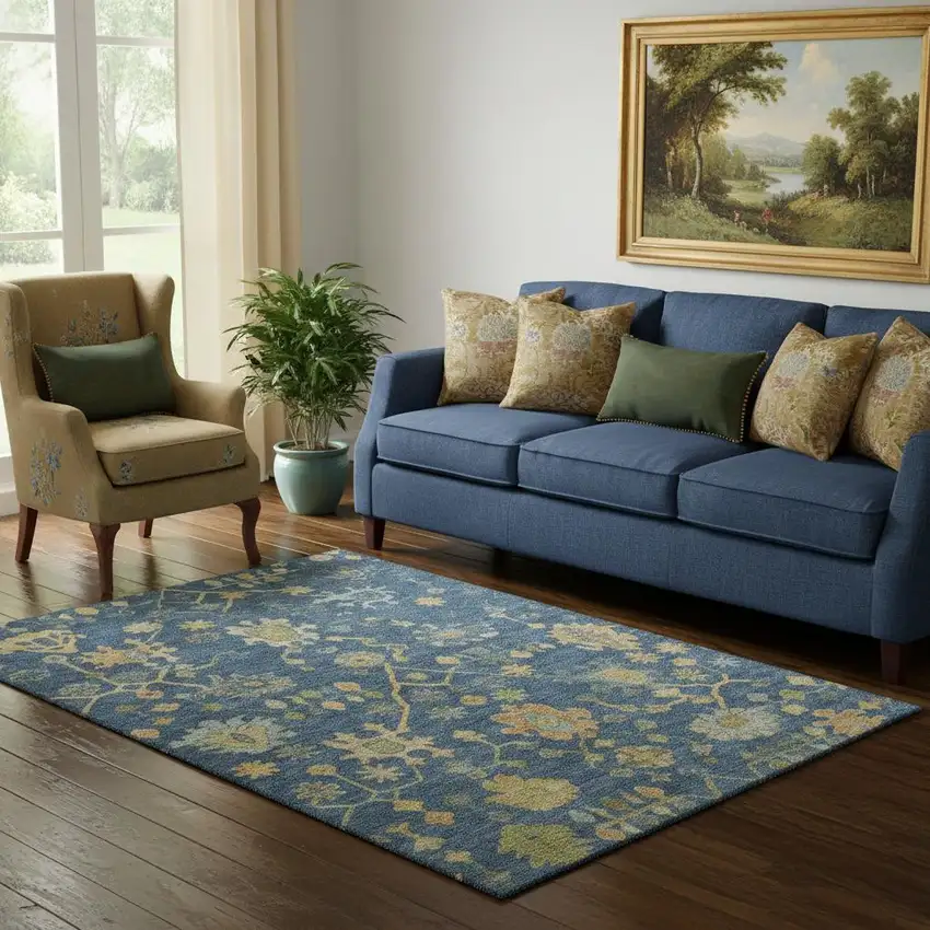 Navy Blue And Gold Floral Washable Area Rug With UV Protection Photo 2