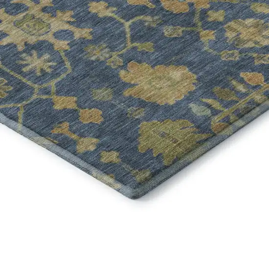 Navy Blue And Gold Floral Washable Area Rug With UV Protection Photo 7