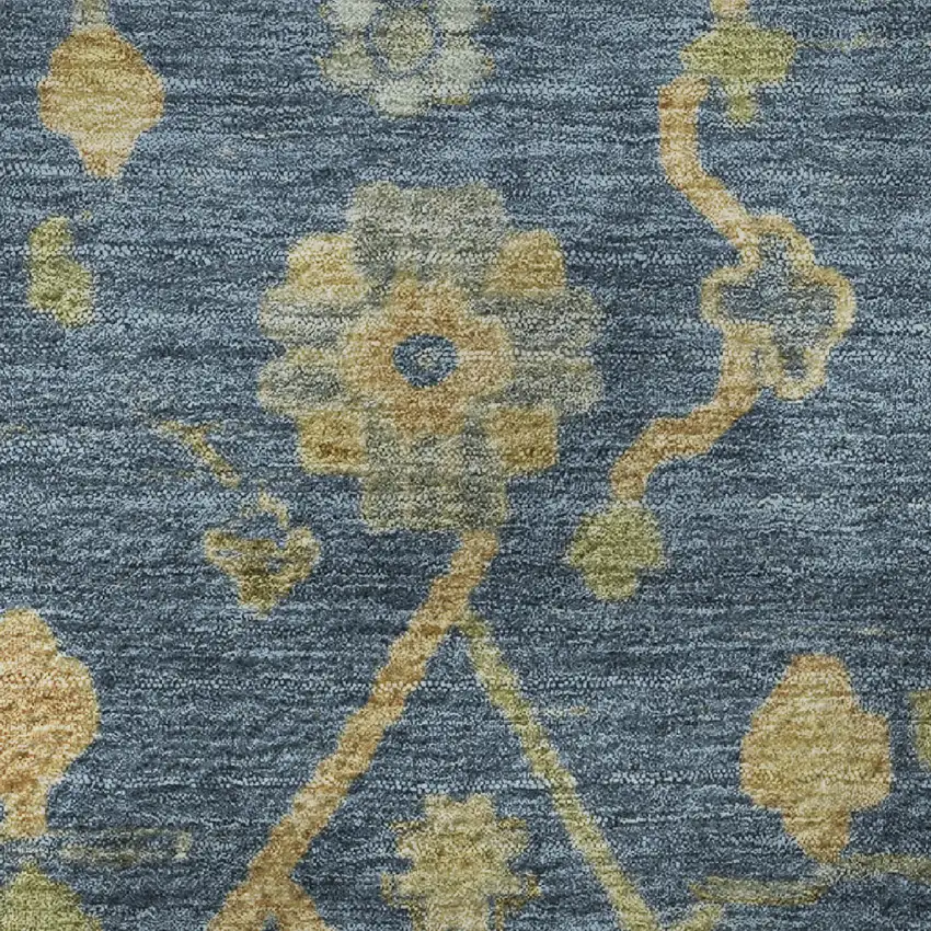 Navy Blue And Gold Floral Washable Area Rug With UV Protection Photo 9