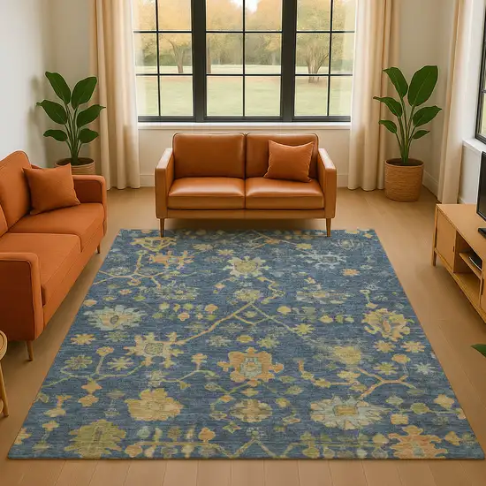 Navy Blue And Gold Floral Washable Area Rug With UV Protection Photo 4