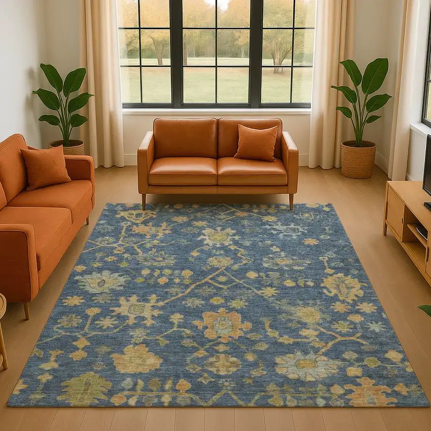 Navy Blue And Gold Floral Washable Area Rug With UV Protection Photo 4