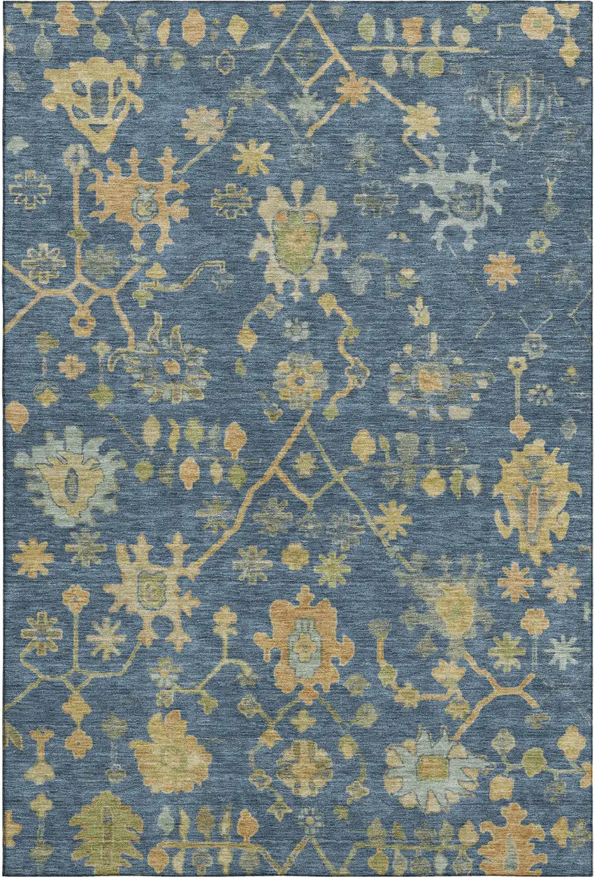 Navy Blue And Gold Floral Washable Area Rug With UV Protection Photo 1