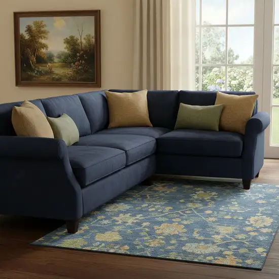 Navy Blue And Gold Floral Washable Area Rug With UV Protection Photo 2