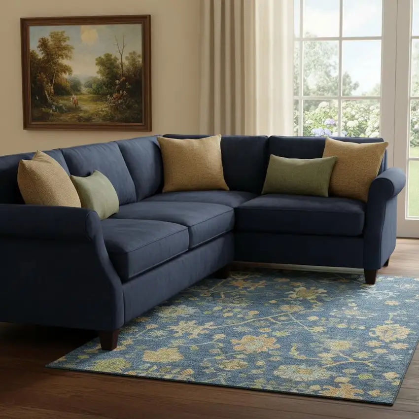 Navy Blue And Gold Floral Washable Area Rug With UV Protection Photo 2