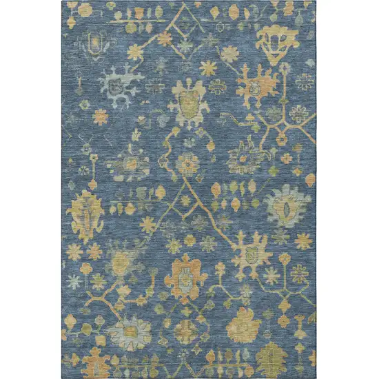 Navy Blue And Gold Floral Washable Area Rug With UV Protection Photo 3