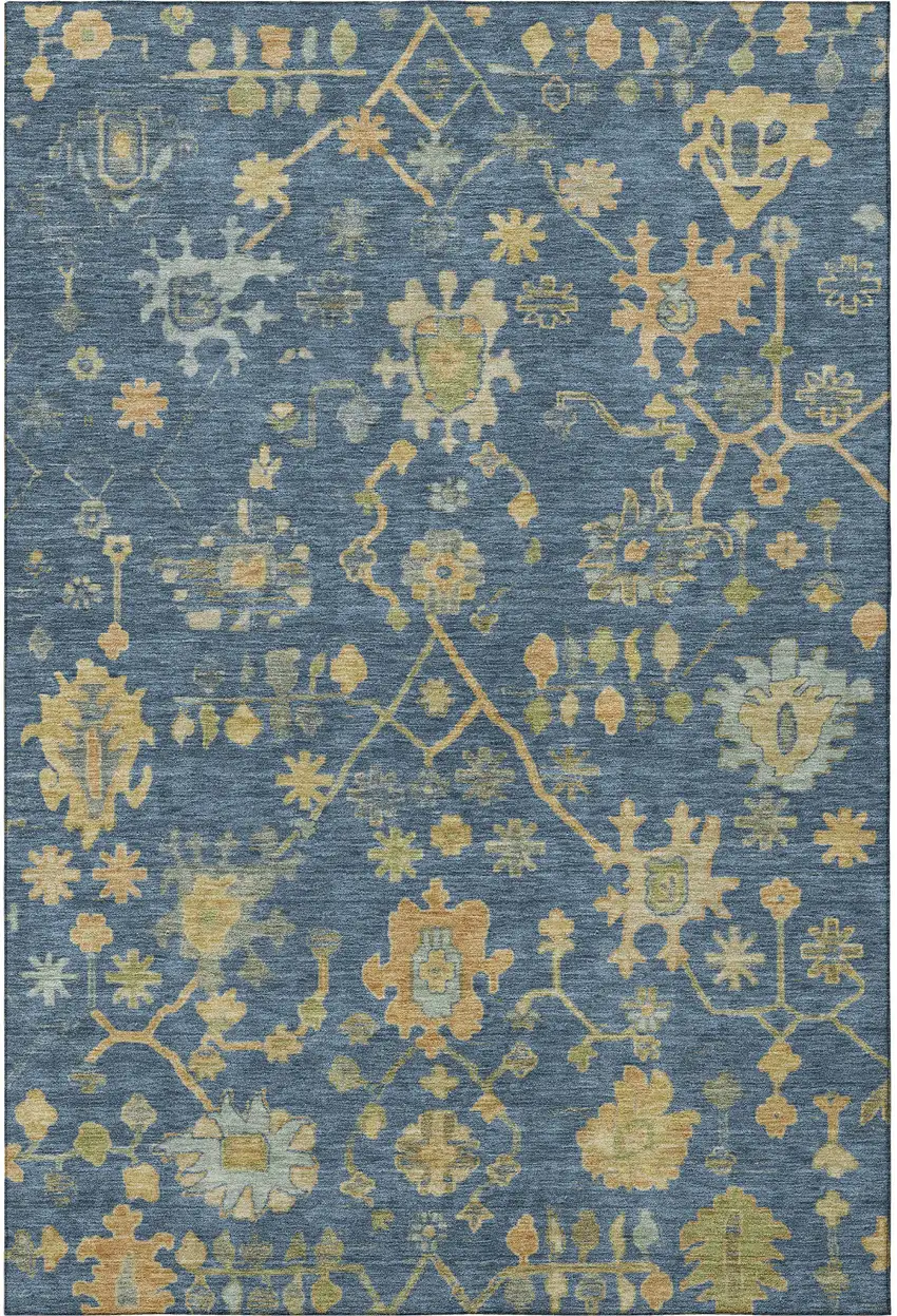 Navy Blue And Gold Floral Washable Area Rug With UV Protection Photo 3