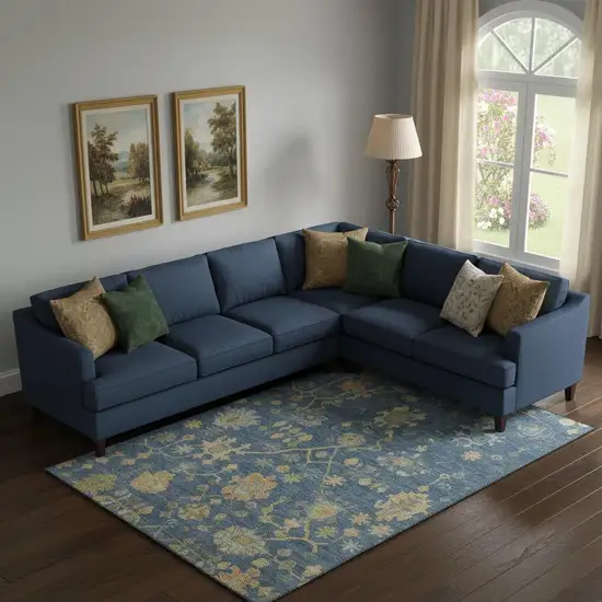 Navy Blue And Gold Floral Washable Area Rug With UV Protection Photo 2