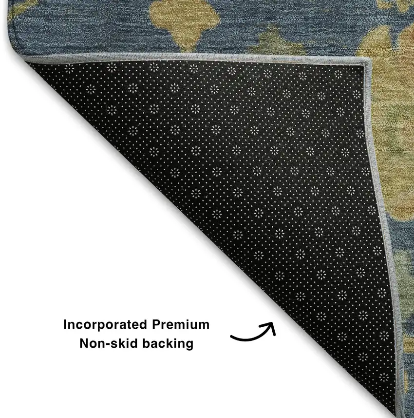 Navy Blue And Gold Floral Washable Area Rug With UV Protection Photo 7