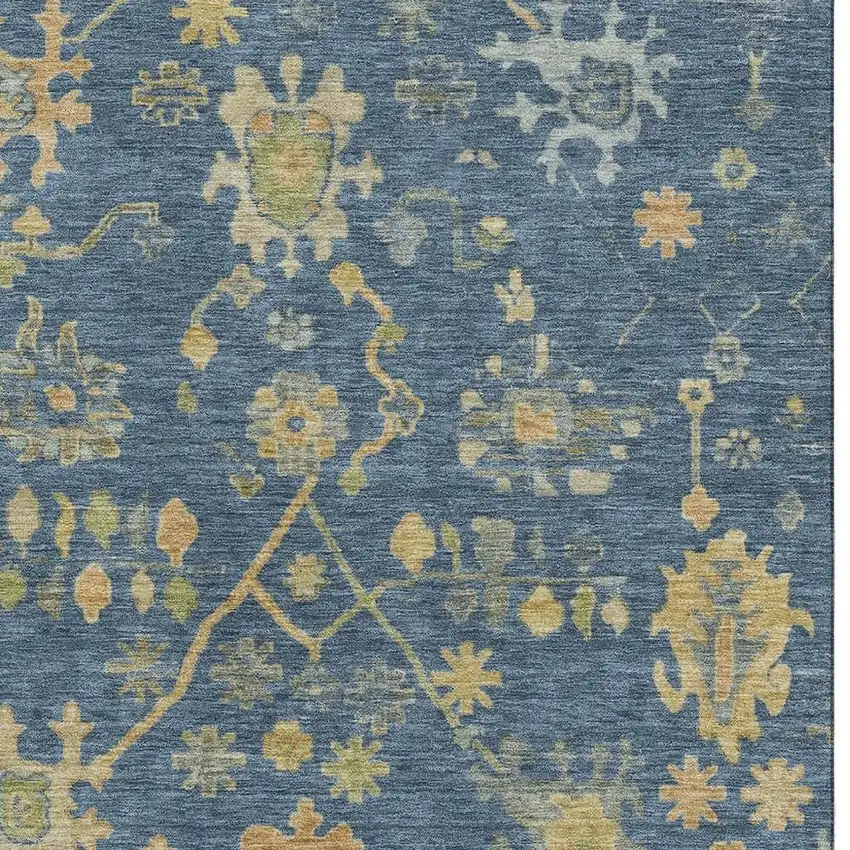 Navy Blue And Gold Floral Washable Area Rug With UV Protection Photo 3