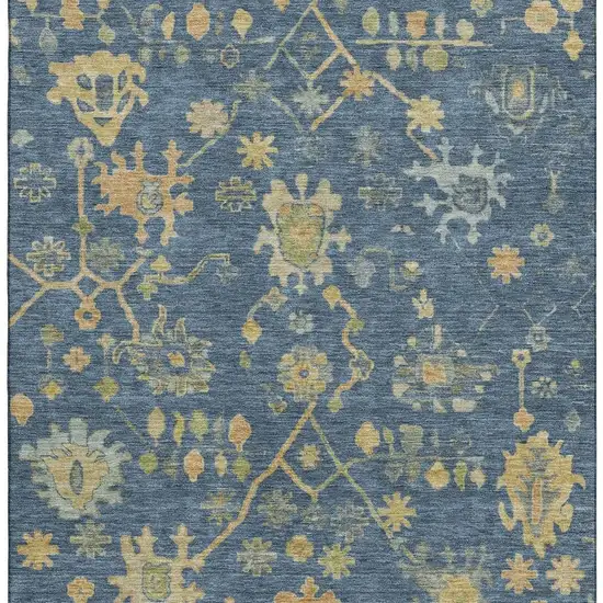 Navy Blue And Gold Floral Washable Area Rug With UV Protection Photo 4
