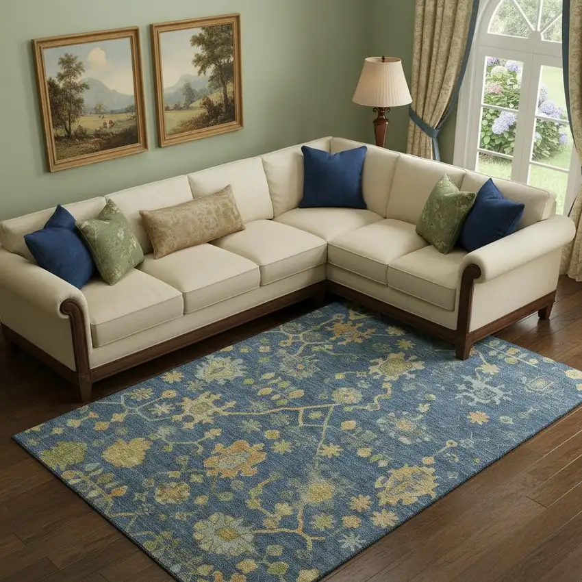 Navy Blue And Gold Floral Washable Area Rug With UV Protection Photo 2