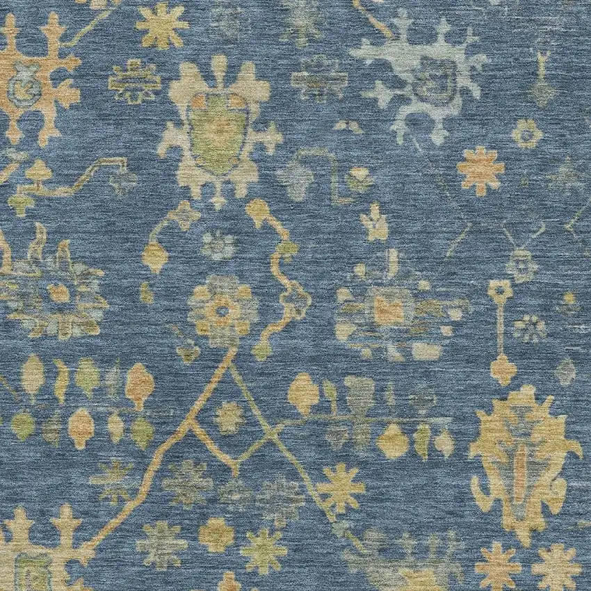 Navy Blue And Gold Floral Washable Area Rug With UV Protection Photo 3