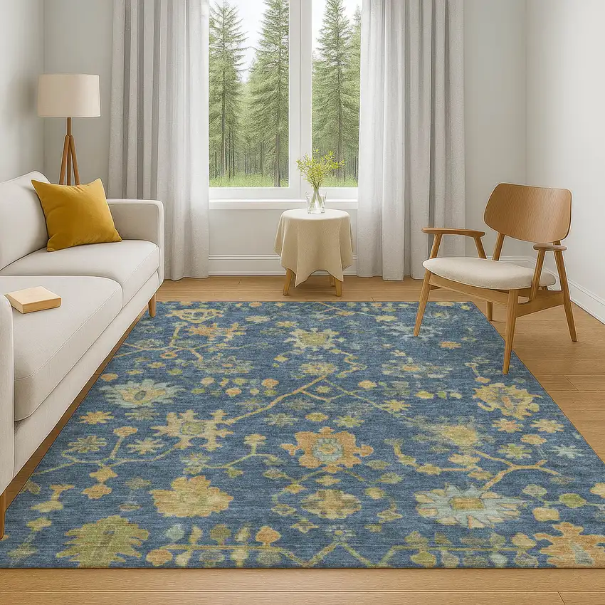 Navy Blue And Gold Floral Washable Area Rug With UV Protection Photo 6