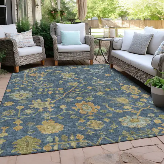 Navy Blue And Gold Floral Washable Indoor Outdoor Area Rug Photo 5