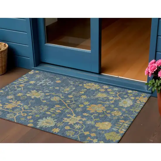 Navy Blue And Gold Floral Washable Indoor Outdoor Area Rug Photo 2