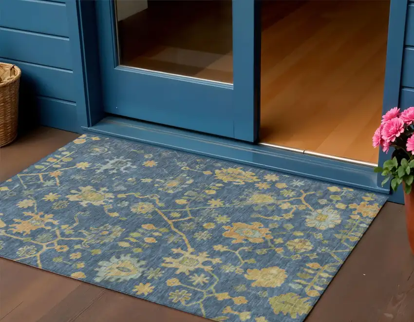 Navy Blue And Gold Floral Washable Indoor Outdoor Area Rug Photo 2