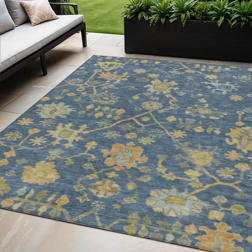 Navy Blue And Gold Floral Washable Indoor Outdoor Area Rug Photo 2