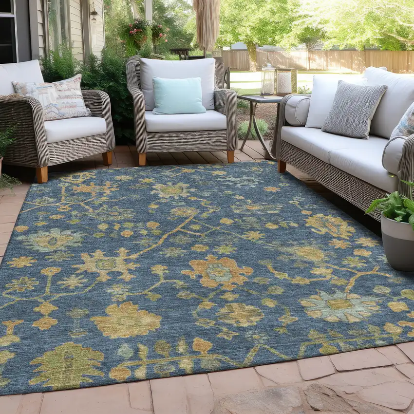 Navy Blue And Gold Floral Washable Indoor Outdoor Area Rug Photo 5