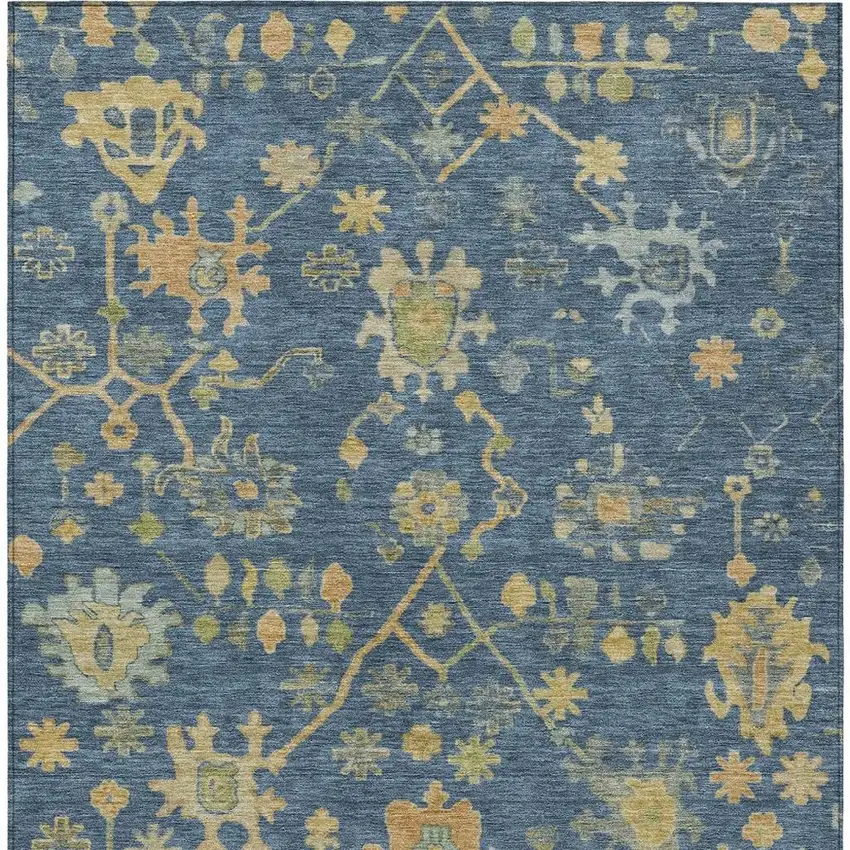 Navy Blue And Gold Floral Washable Indoor Outdoor Area Rug Photo 4