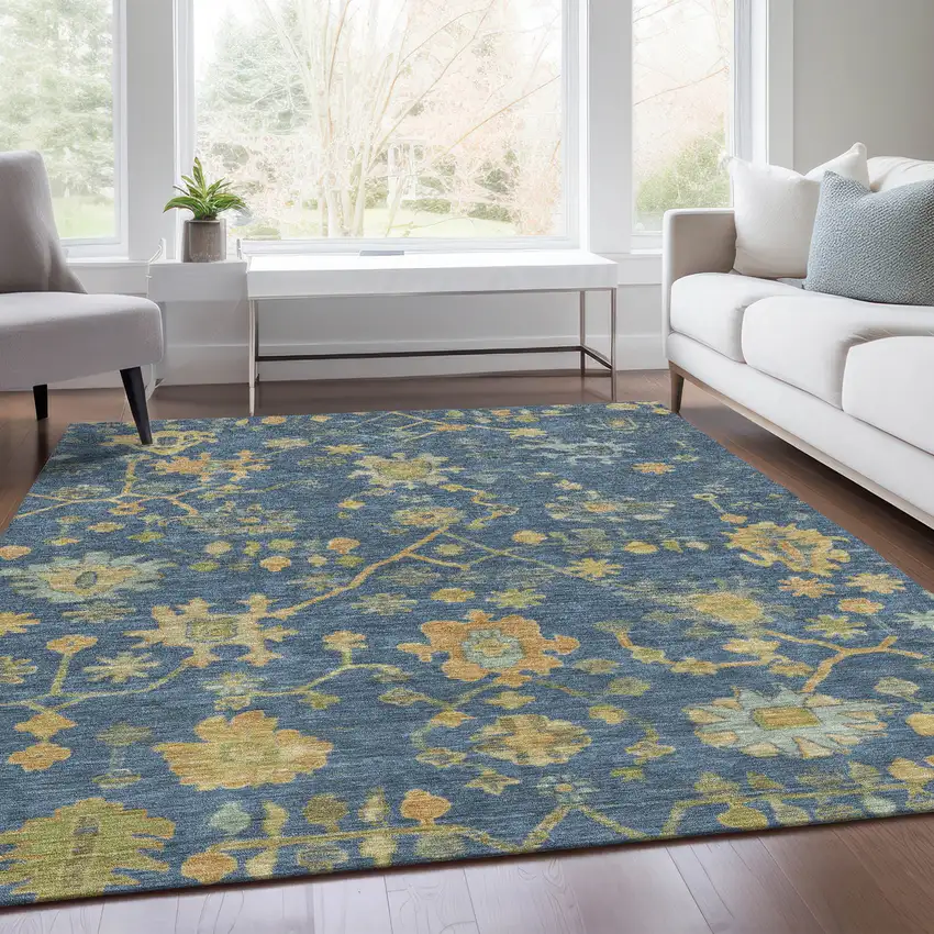 Navy Blue And Gold Floral Washable Indoor Outdoor Area Rug Photo 7
