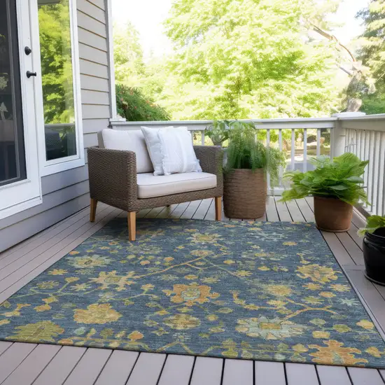 Navy Blue And Gold Floral Washable Indoor Outdoor Area Rug Photo 8