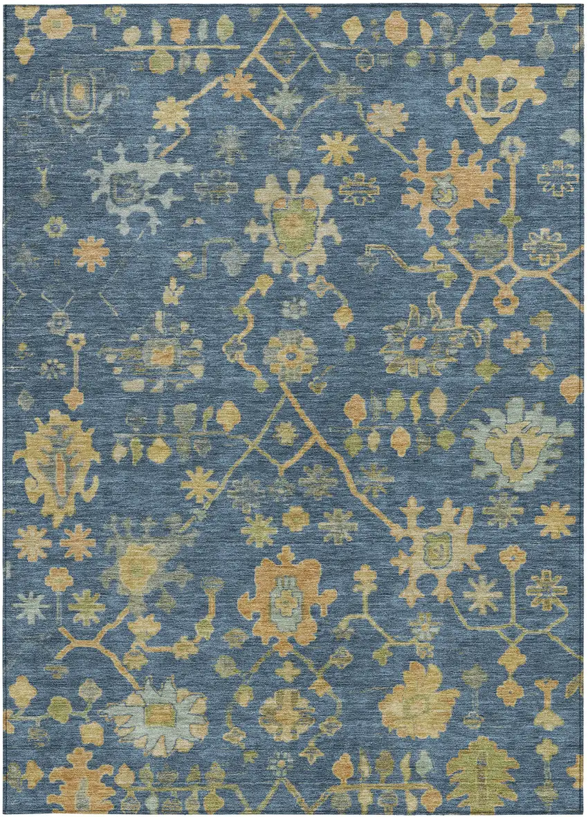 Navy Blue And Gold Floral Washable Indoor Outdoor Area Rug Photo 4