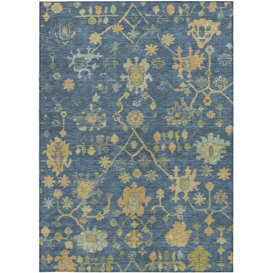 Navy Blue And Gold Floral Washable Indoor Outdoor Area Rug Photo 9
