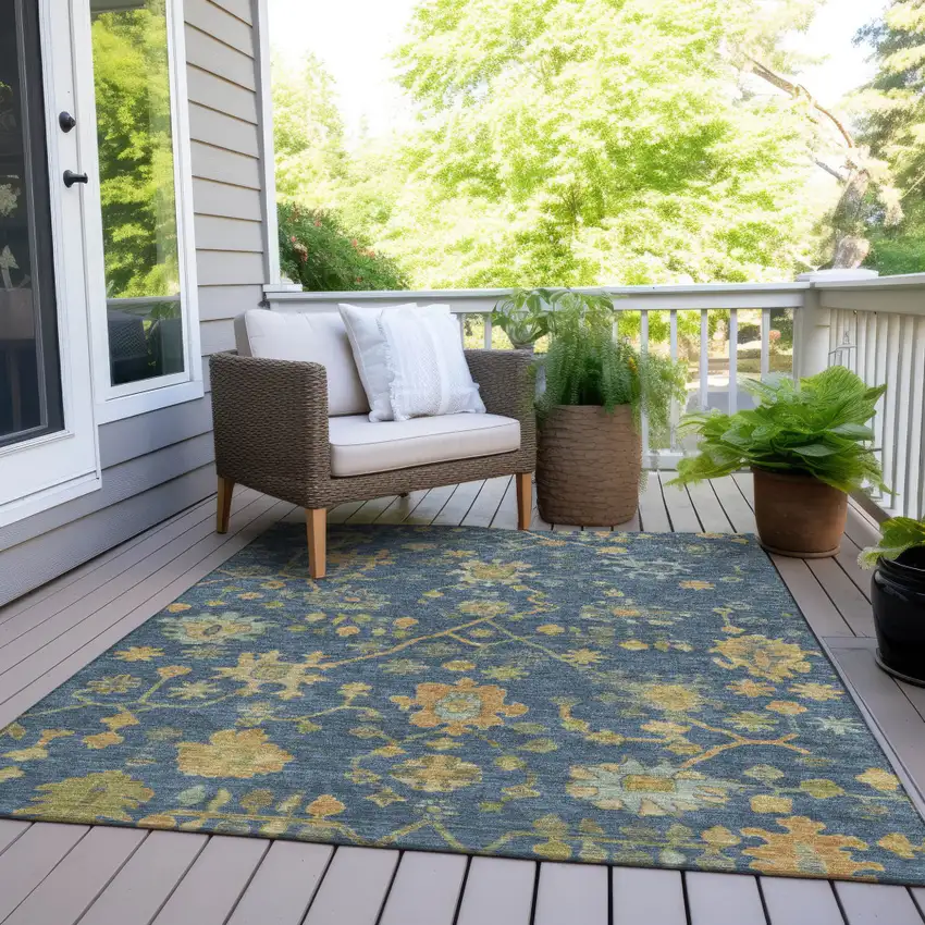 Navy Blue And Gold Floral Washable Indoor Outdoor Area Rug Photo 8