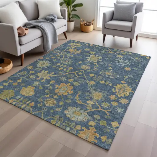 Navy Blue And Gold Floral Washable Indoor Outdoor Area Rug Photo 6