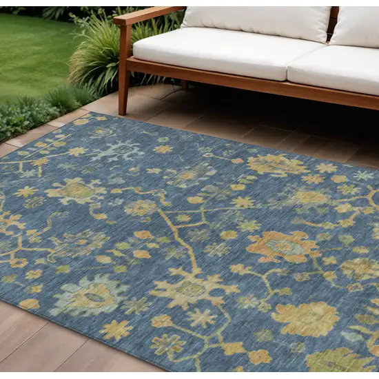 Navy Blue And Gold Floral Washable Indoor Outdoor Area Rug Photo 2