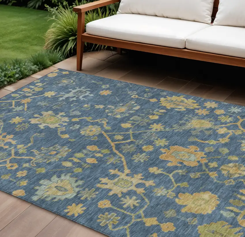 Navy Blue And Gold Floral Washable Indoor Outdoor Area Rug Photo 2