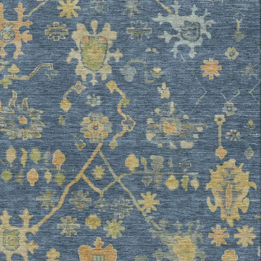 Navy Blue And Gold Floral Washable Indoor Outdoor Area Rug Photo 3