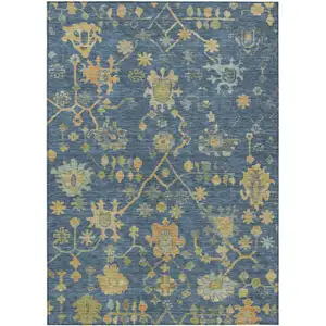 Photo of Navy Blue And Gold Floral Washable Indoor Outdoor Area Rug