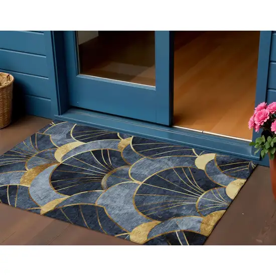Navy Blue And Gold Floral Washable Indoor Outdoor Area Rug Photo 2