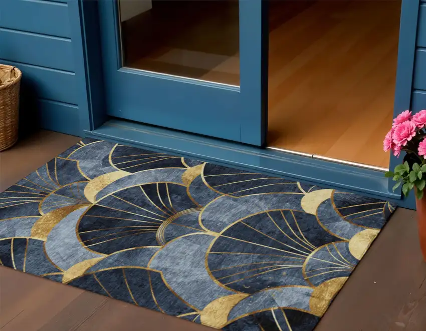 Navy Blue And Gold Floral Washable Indoor Outdoor Area Rug Photo 2