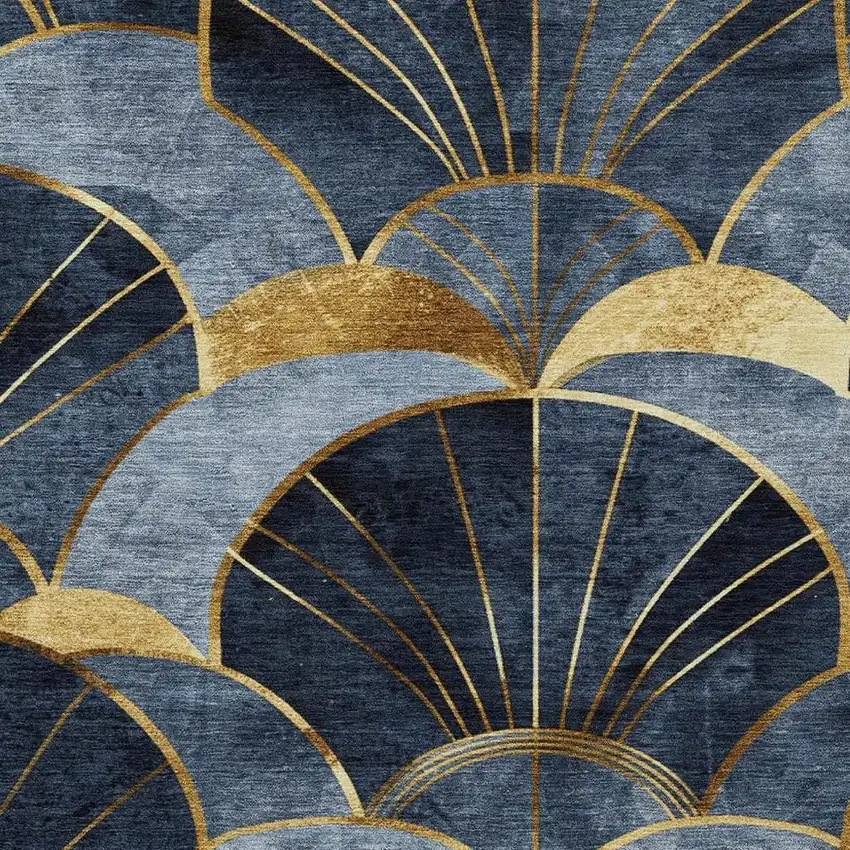 Navy Blue And Gold Floral Washable Indoor Outdoor Area Rug Photo 7