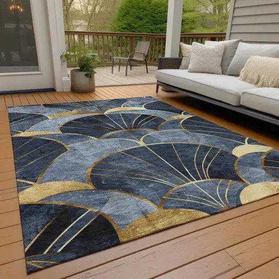 Navy Blue And Gold Floral Washable Indoor Outdoor Area Rug Photo 9